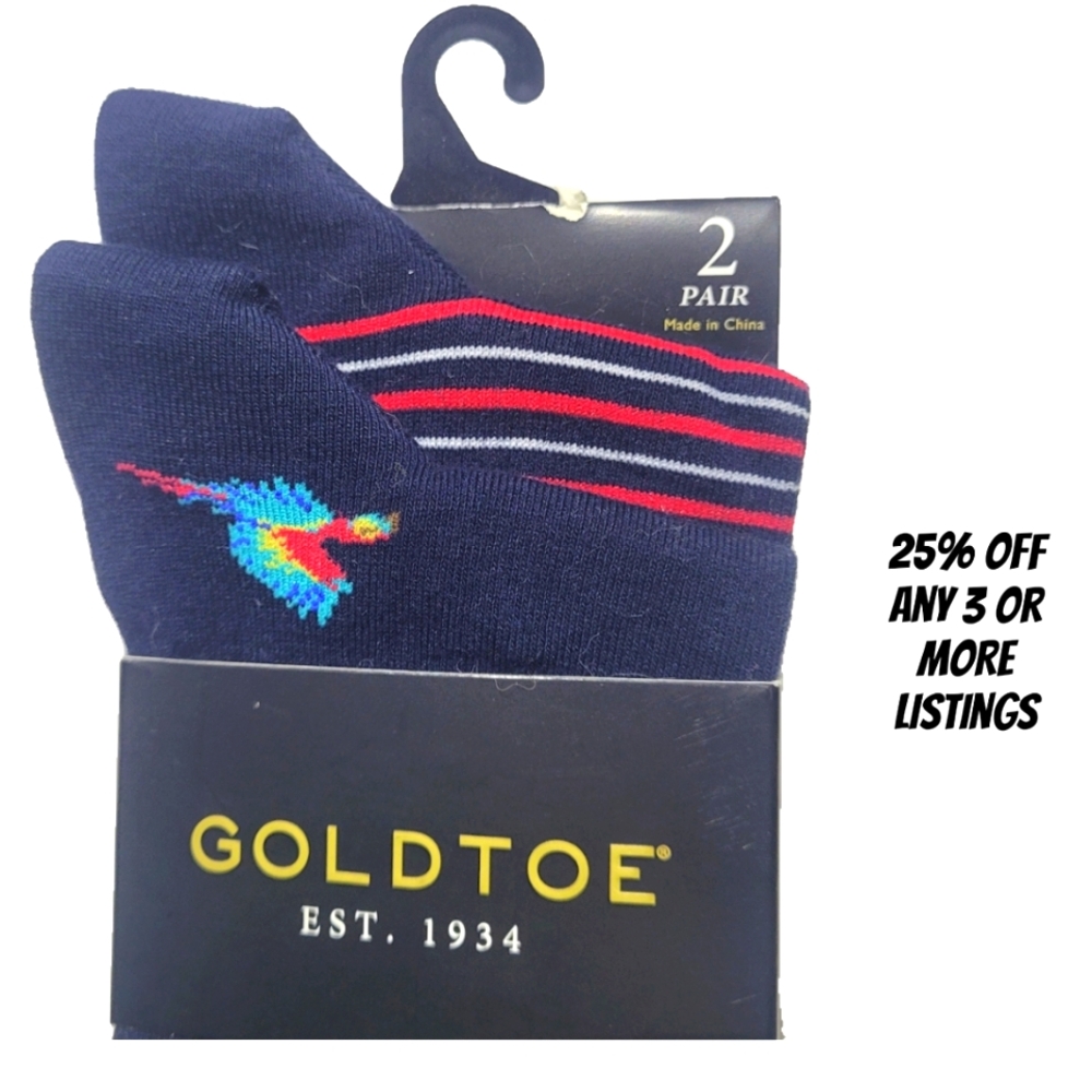 GoldToe 2 Pair Pack Bundle Long Dress Socks Graphic Print Bird Striped Colorful